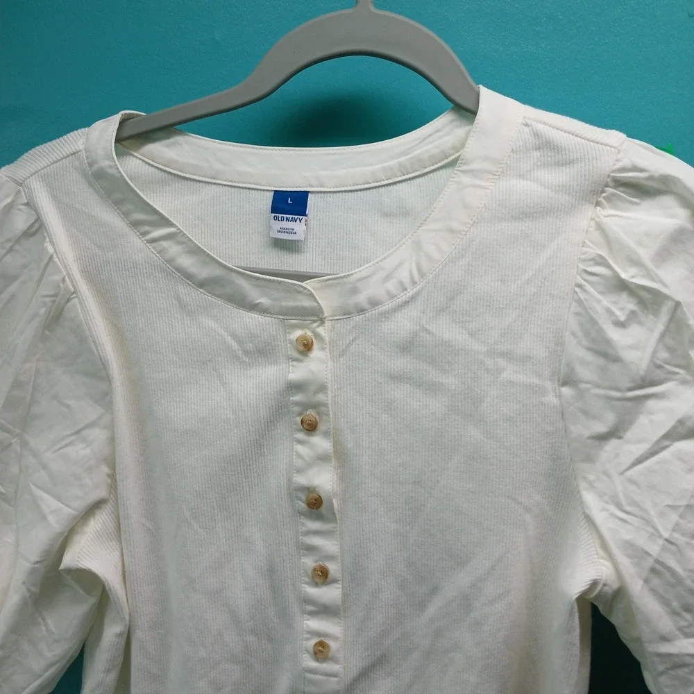 Old Navy Womens White Puff Sleeve‎ Button Neck Ribbed Knit Top Size L